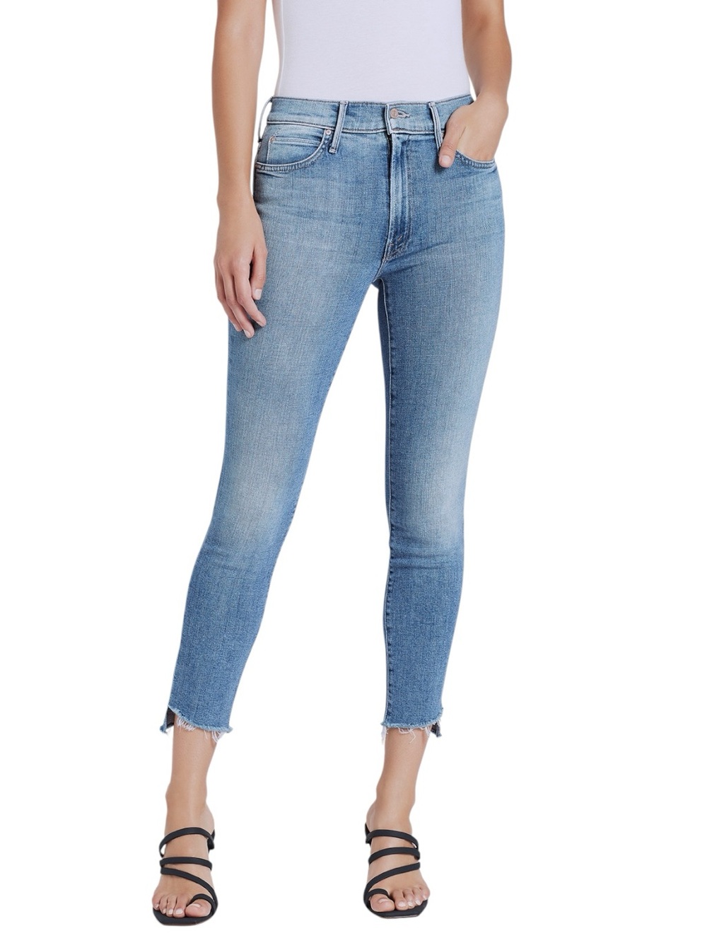 MOTHER Light Blue The Stunner Zip Ankle Step Fray Jeans (31x26)